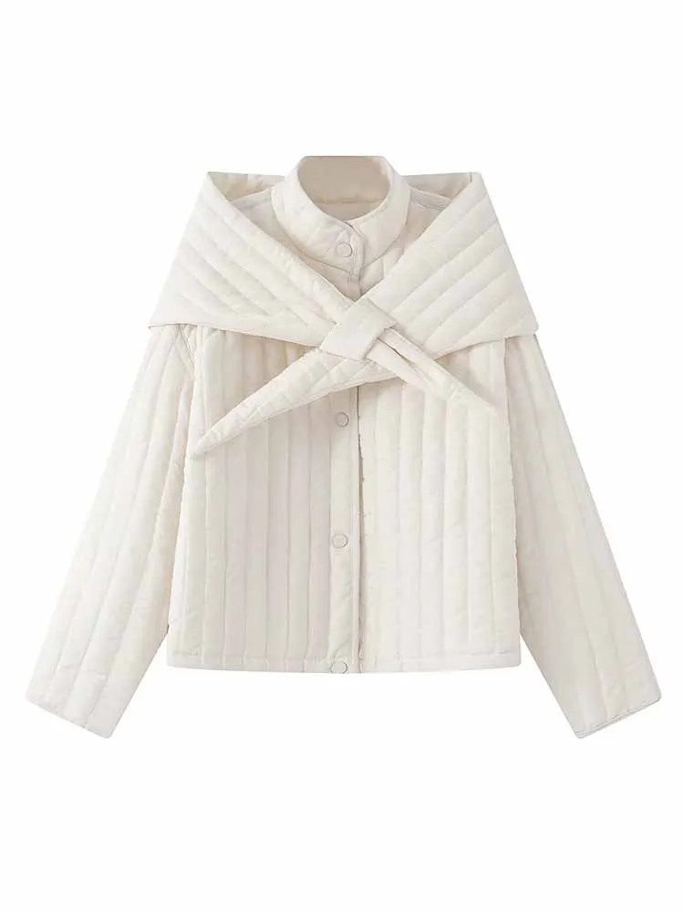 HH Female Fashion Casual Winter Solid Color Long Sleeves Stand Collar Removable Scarf Decoration Cotton Jacket Commuting Warm