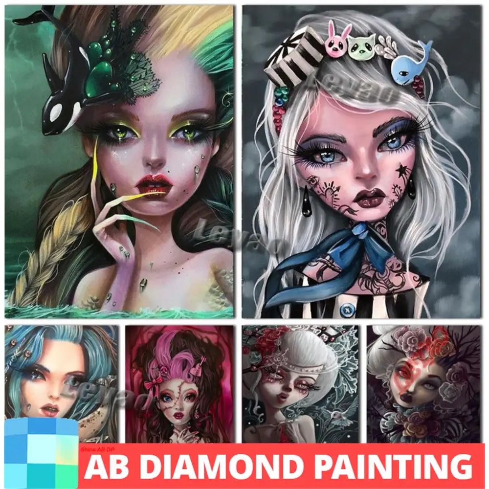 AB Gothic Art Cartoon Girl Fairy 5D DIY Diamond Painting Mosaic Beautiful Elf Painting Mermaid Art Picture of Rhinestones Decor