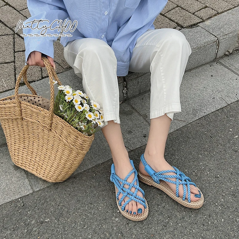 Sandalias de cuerda de Color arcoíris para mujer, zapatos de paja bohemios hechos a mano, Retro, tejidas, azul marino