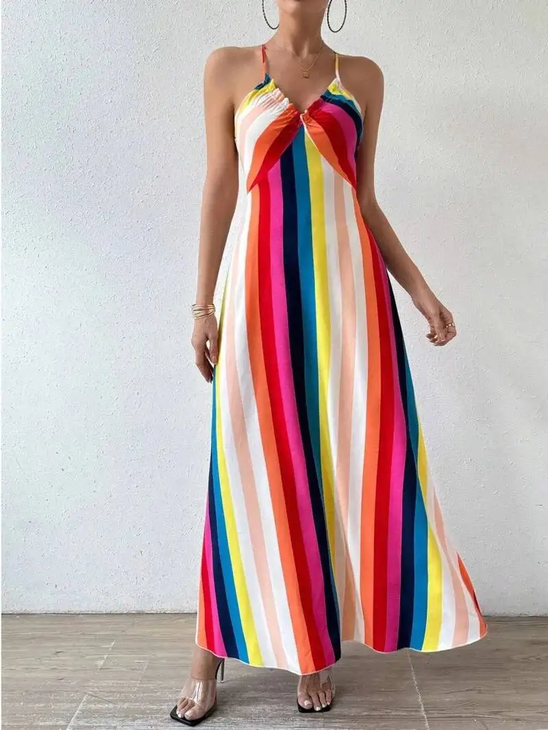 Women's Summer Ethnic Pattern Backless Split Thigh Dress Ladies Summer Clothes Boho Fashion Frill Trim Long Dress For Beach