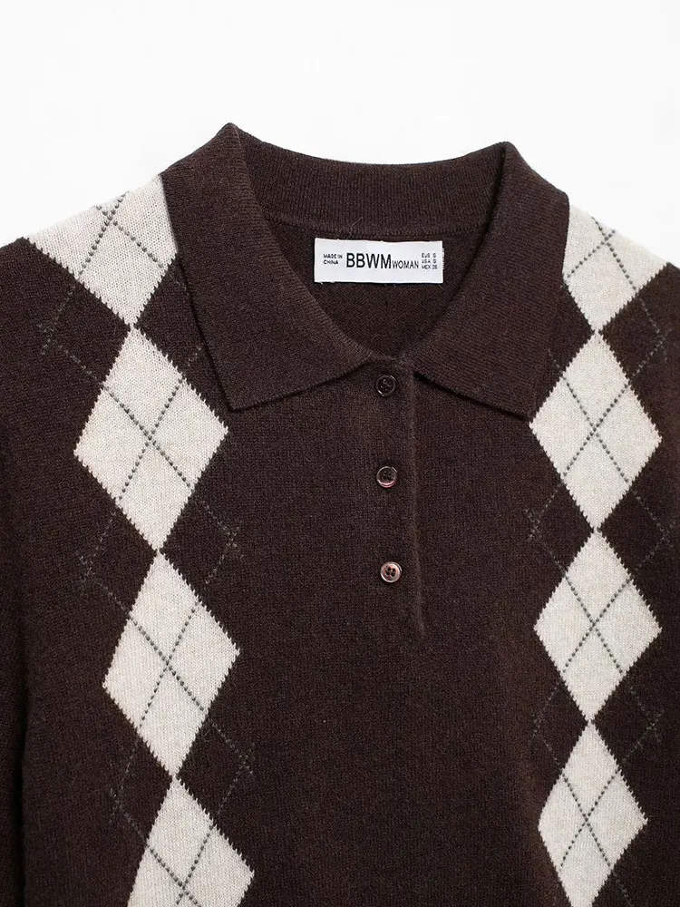 NLZG 2025 Women Argyle Knitted Sweater Short Sleeve Turn-down Collar Short Sweaters Woman Chic Casual Pullovers Tops