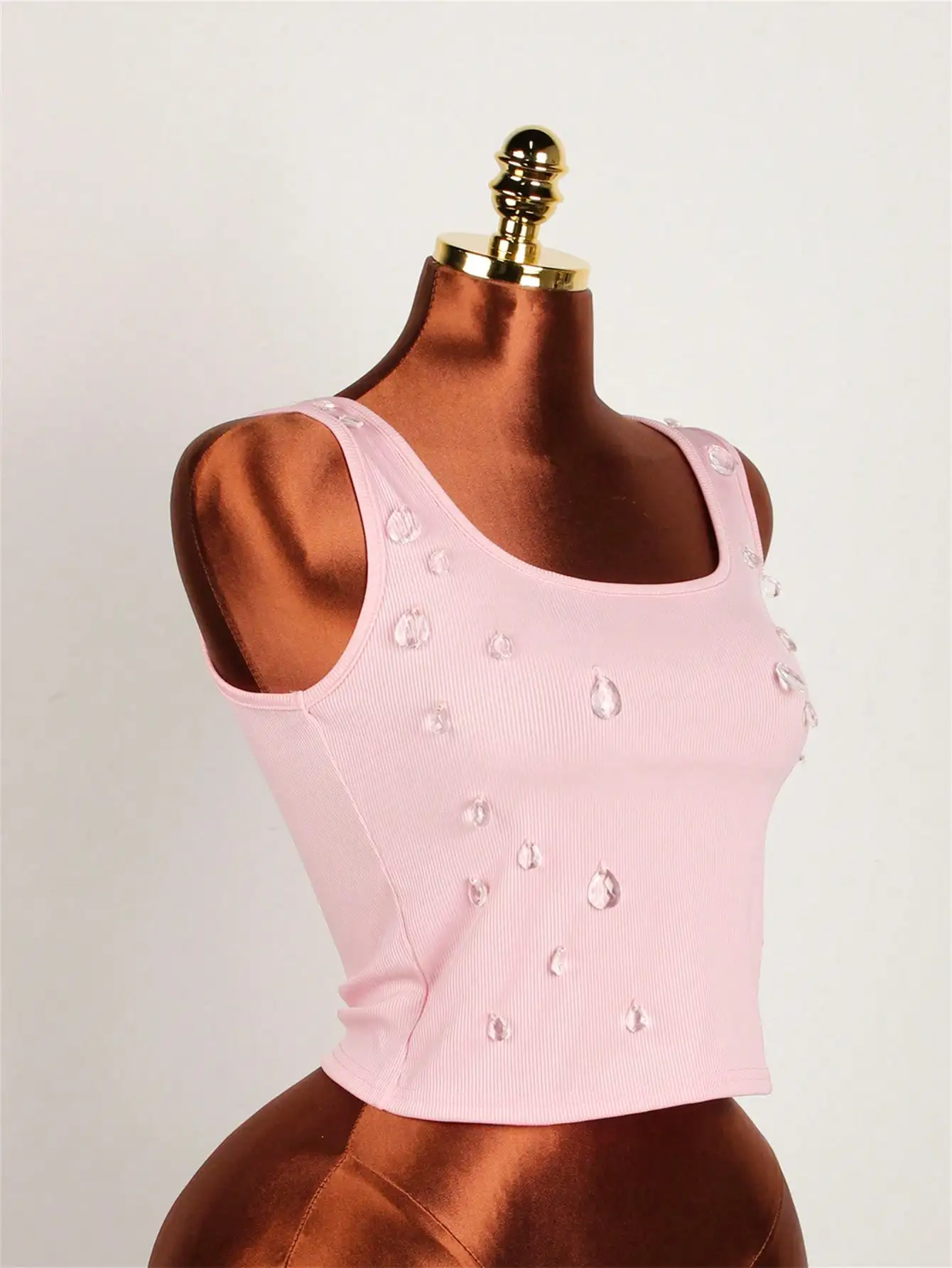 여성용 섹시한 라인스톤 크롭 캐미솔 탑 나이트클럽 파티 여름 착용