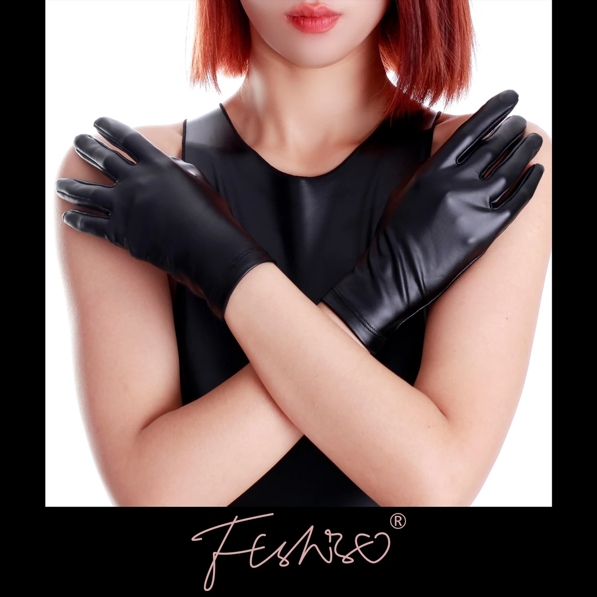 Ftshist PU Leather Gloves Wrist Length Full Finger Wetlook Matte Black Elastic Glove For Women Latex Fetish Costumes Accessories