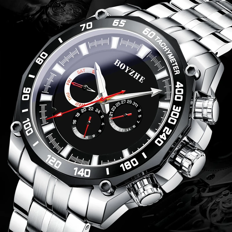 Reloj mecánico completamente automático de gama alta de marca BOYZHE, calendario semanal para hombre, reloj de lujo luminoso de acero inoxidable resistente al agua para hombre