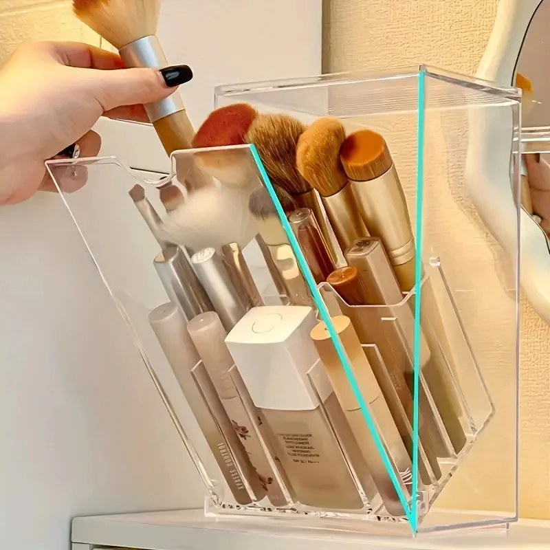 Large Capacity Makeup Brush Holder With Lid Clear Cosmetic Brush Tools Storage Box Desk Split Eyeshadow Lipstick Tools Orangizer