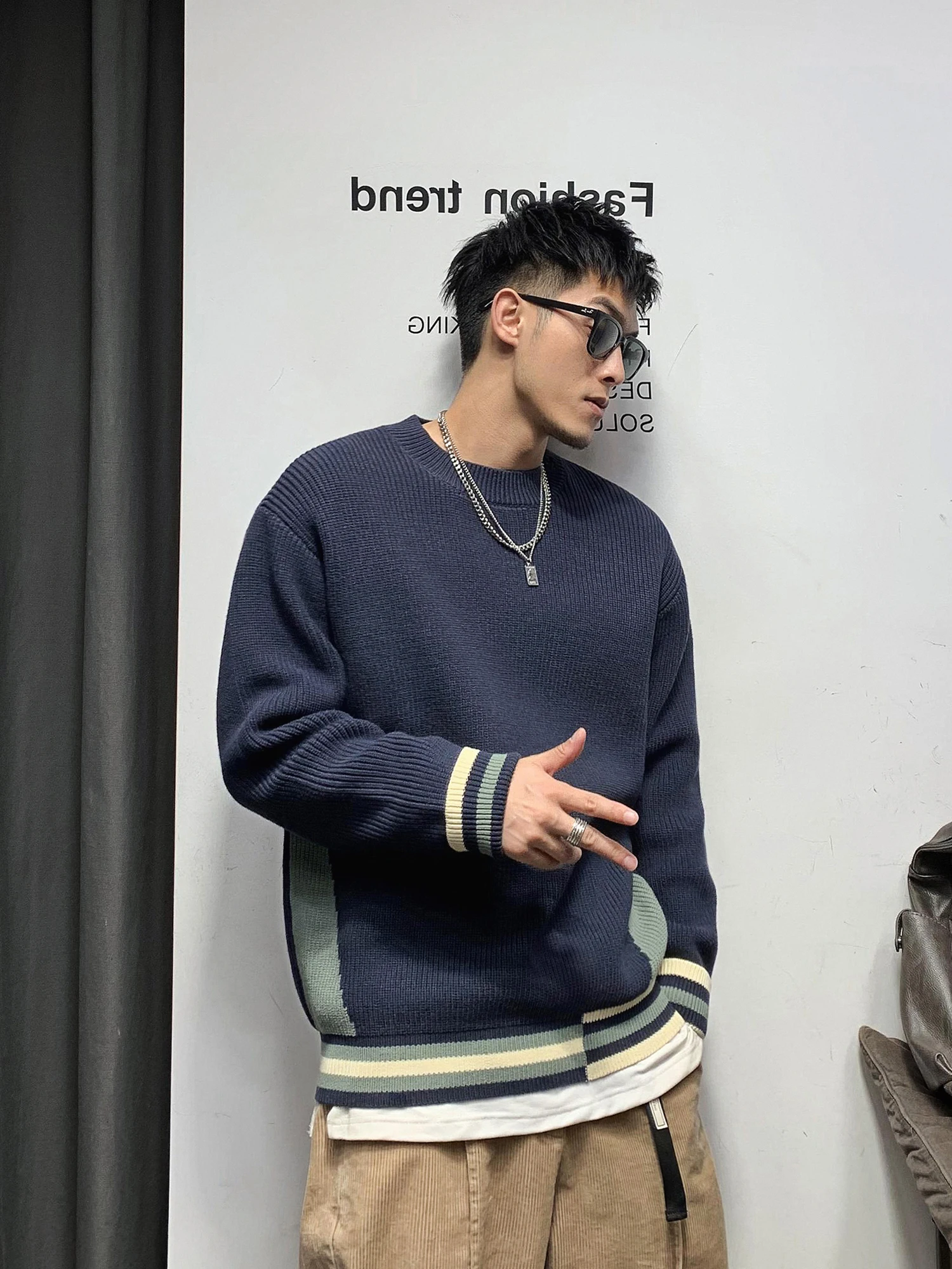 

Мужской вязаный свитер в стиле ретро с цветовыми блоками, теплый зимний, с круглым вырезом, повседневный, с длинными рукавами, свободного кроя