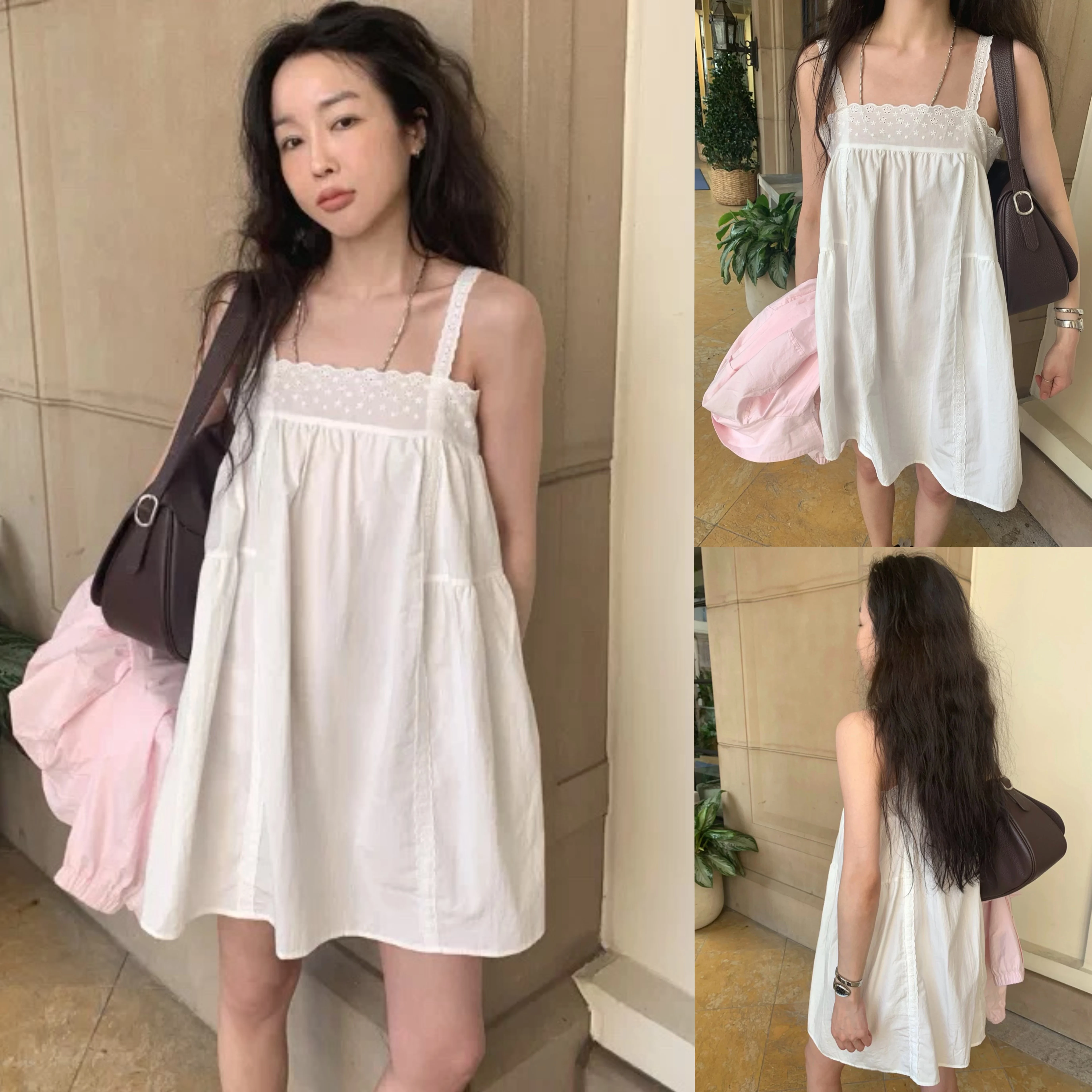 Dearest Cotton Lace Hollow out Embroidery Baby Doll Dress Short Strapless Korean Style Women's Dress Summer 2026 Casual Wear