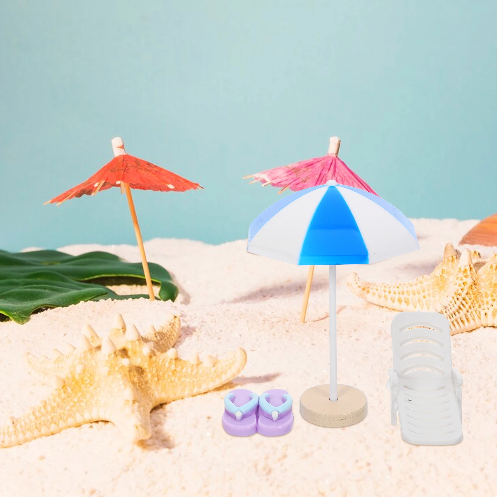 

5Pcs Mini Beach Chairs with Umbrellas for Micro Landscapes Resin Fairy Garden Decorations Coastal Theme Scene Building