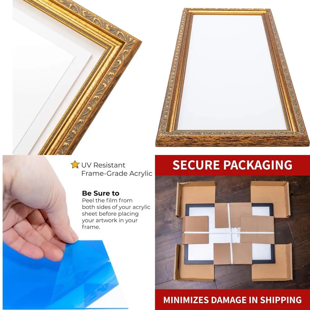 

Винтажная золотая деревянная квадратная рамка 6x6 с акрилом с УФ-защитой, подложкой из пенопласта и креплением для подвешивания