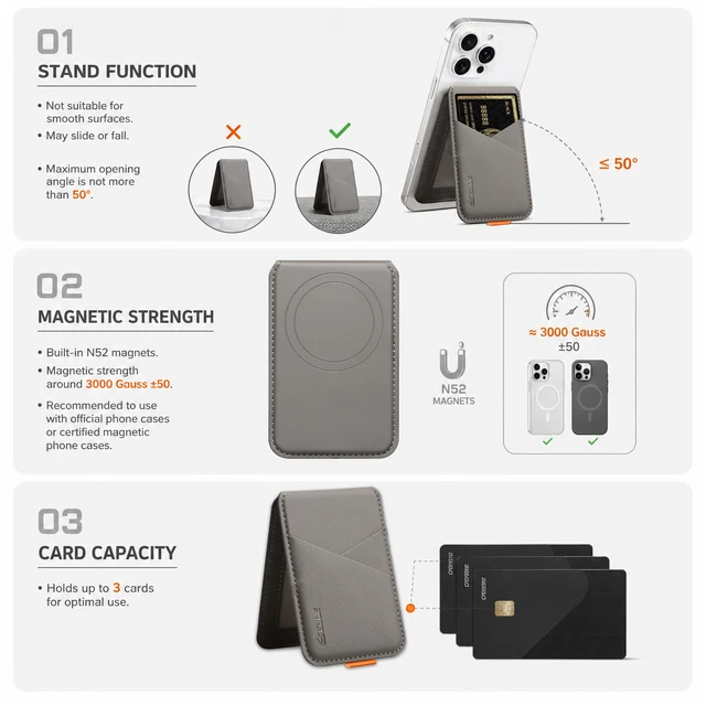 Premium PU Leather Magnetic Phone Card Holder, RFID Anti-Skimming Wallet Compatible with Magnetic Wireless Charging Smartphones, 5 Premium PU Leather Magnetic Phone Card Holder, RFID Anti-Skimming Wallet Compatible with Magnetic Wireless Charging Smartphones, 5