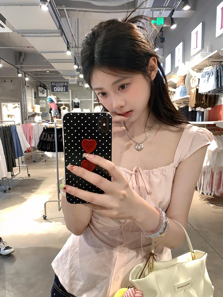 

Sweet Sle розовый плиссированный квадратный воротник Slim Fit ort Sve irt женский летний новый молодежный топ с затягивающей талией