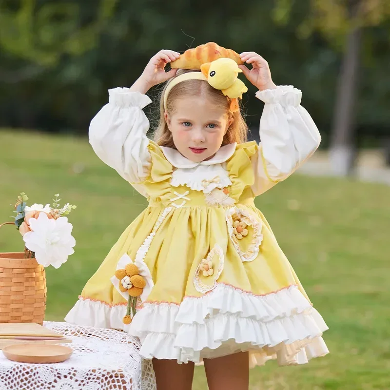 

2025 Princess Lolita Dress for Girls Yellow Duck Layered Dresses for Kids Spanish Velvet Children Infant Vestidos for Eid