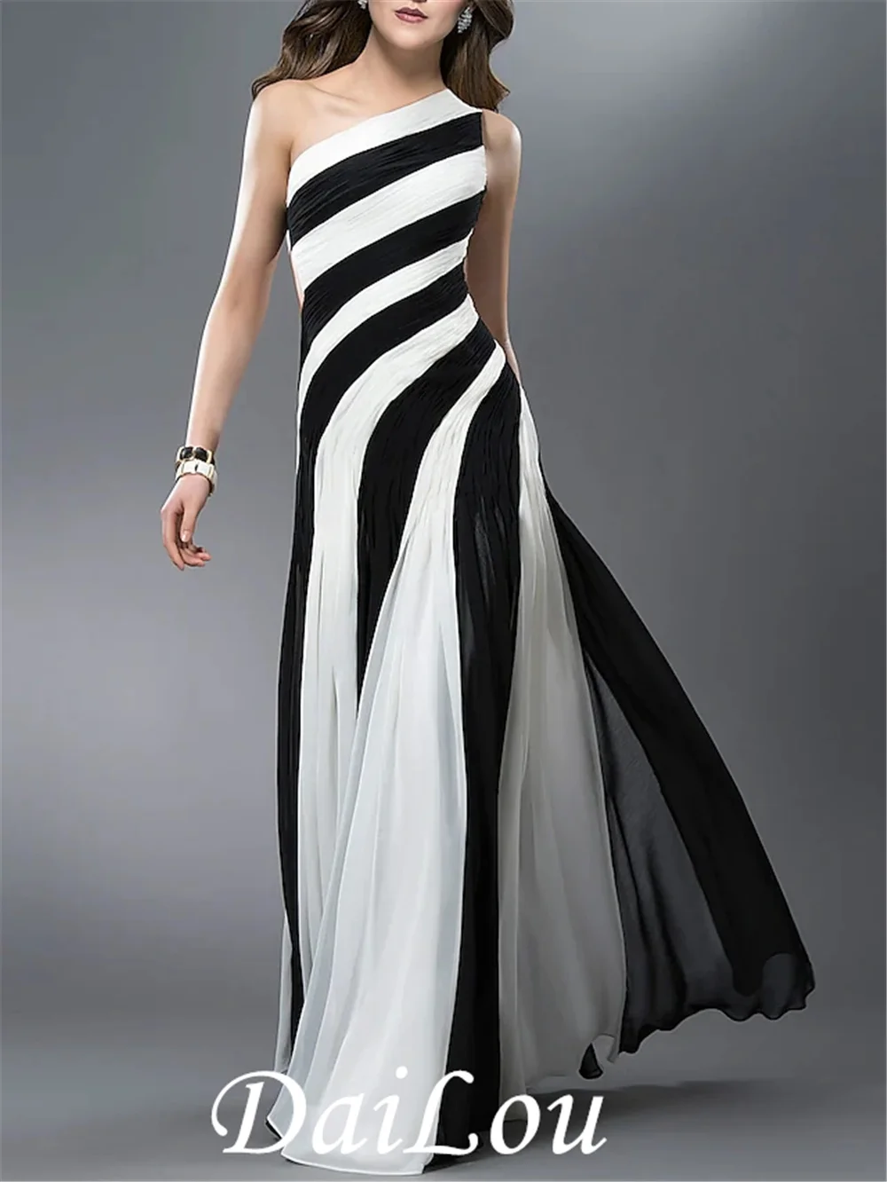 Sheath / Column Color Block Sexy Wedding Guest Formal Evening Dress One Shoulder Sleeveless Floor Length Chiffon with Pleats