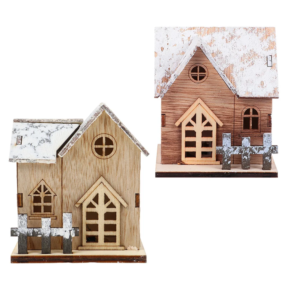 

2 Pcs LED Glowing Cabin Christmas Decorations Luminous Wood Winter Beige Desktop Retro