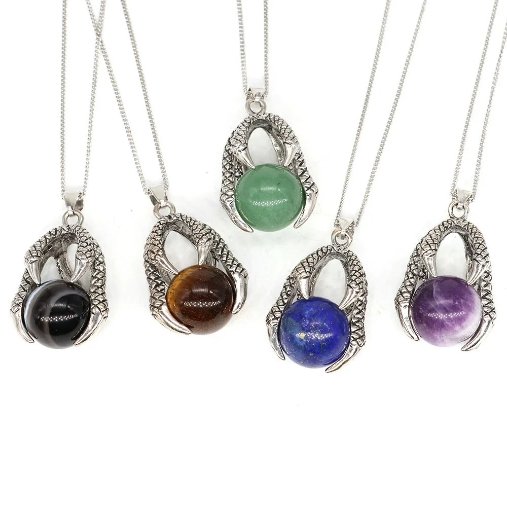 Natural Pink Quartz Amethyst Tiger Eye Round Bead Ball Dragon Claw Hold Pendants For Women Men Jewelry Necklace Gifts Wholesale