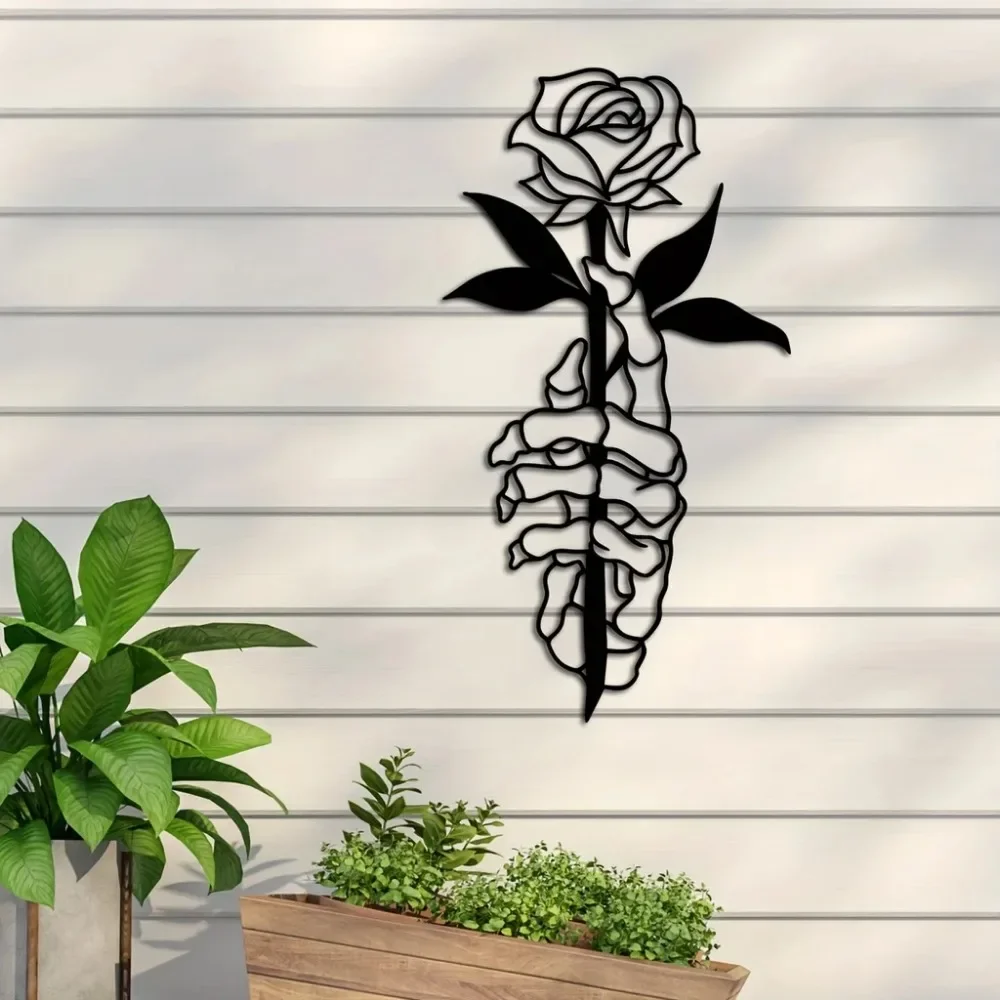 Unique Rustic Metal Wall Art: Modern Deer Skull with Hands Holding Flowers, Stylish Home Accent for Living Room & Bedroom