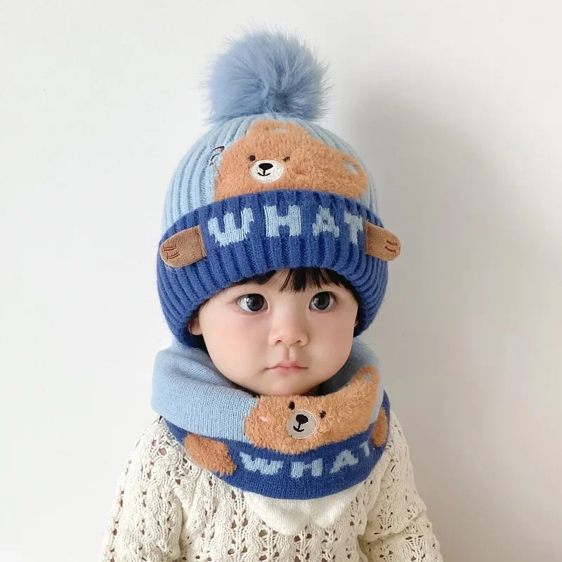 Baby Hat Winter New Cute Dinosaur Knitted Beanies Cap+Scarf 2pcs Infant Toddler Warm Thicken Hooded Hats Cartoon Children Sets