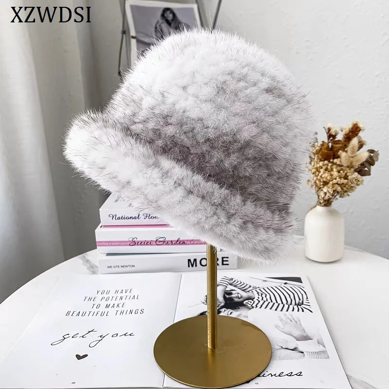 

Женская вечеринка, модные зимние вязаные внутренние панамы, шапка из натурального меха норки для женщин