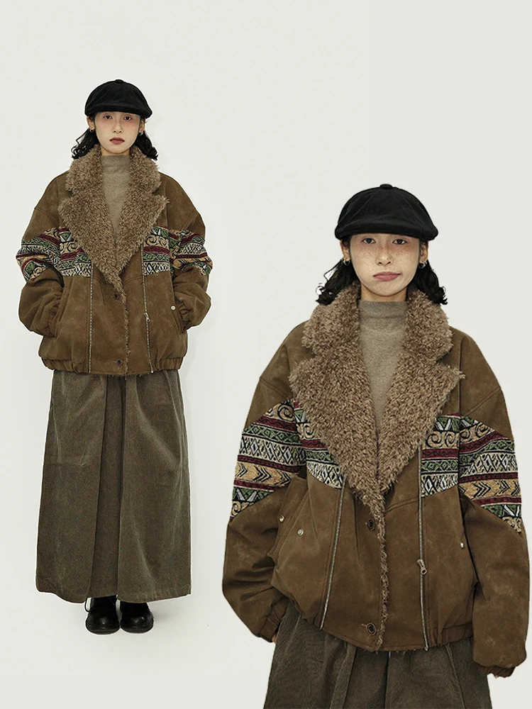 

Guluwo Brown Cotton Jacket Loose Fair Isle Collar Ethnic Style Zipper Closure Long Sleeve Streetwear Thickened Winter Coat