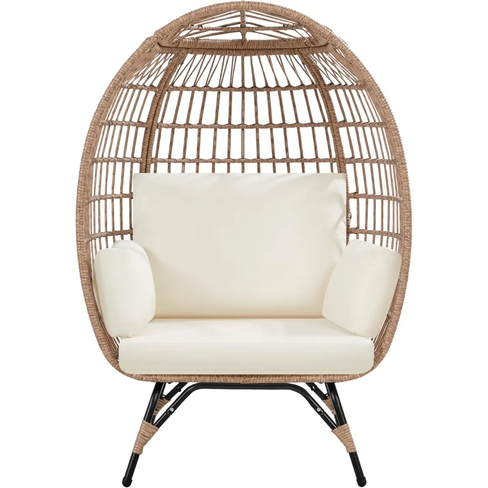 Egg Rattan Chair, Oversized Indoor/Outdoor Egg-Shaped PE Basket Lounger with 4 Cushions, Metal Frame Stand for Patio, Balcony,