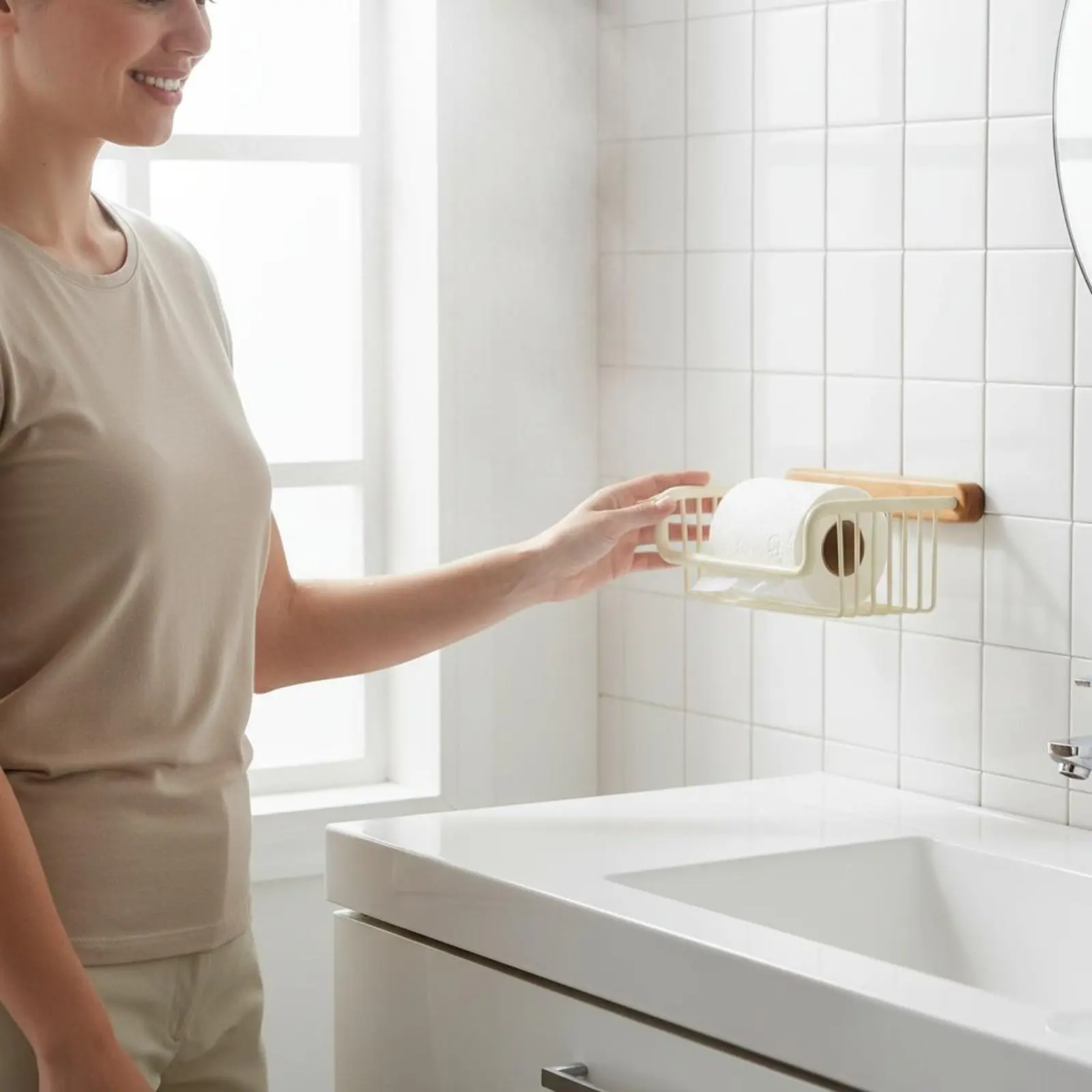

Walnut Toilet Paper Shelf Adhesive-Mounted Installation Wall Mounted Tissue Holder Metal Wire Storage Basket Space Aluminum