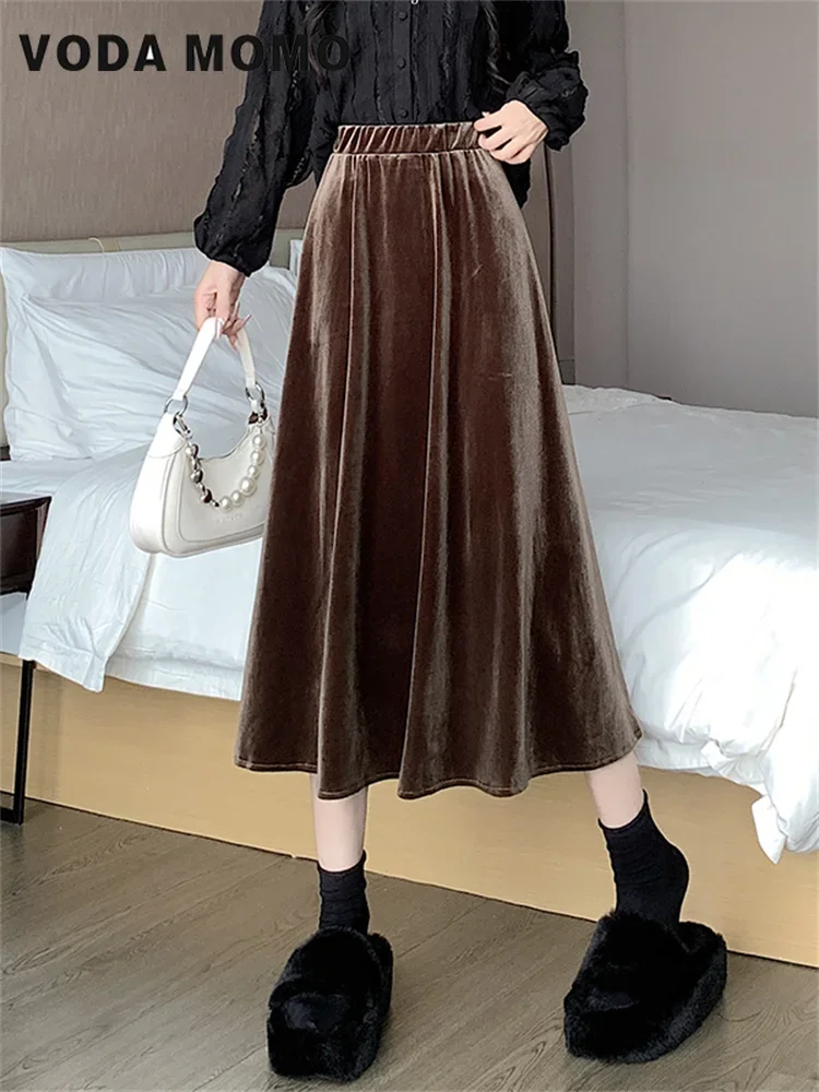 

2023 New Winter Autumn Korean Elegant A Line High Waist Midi Long Skirt Female Retro Casual Solid Mid-length Velvet Skirt Women