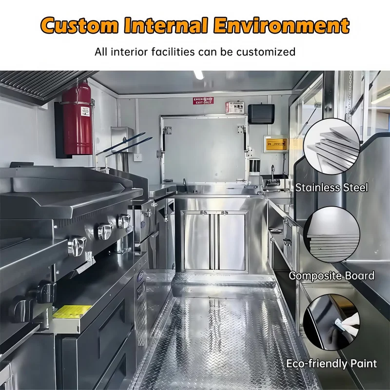 Custom.China Factory ODM OEM امتياز الفولاذ المقاوم للصدأ مقطورة طعام مجهزة بالكامل الولايات المتحدة الأمريكية كشك مركز تسوق متنقل للوجبات السريعة Tru