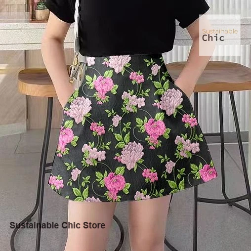 Korean retro jacquard short skirt high waist pumpkin skirt women's spring and summer new temperament printed fluffy casual skirt