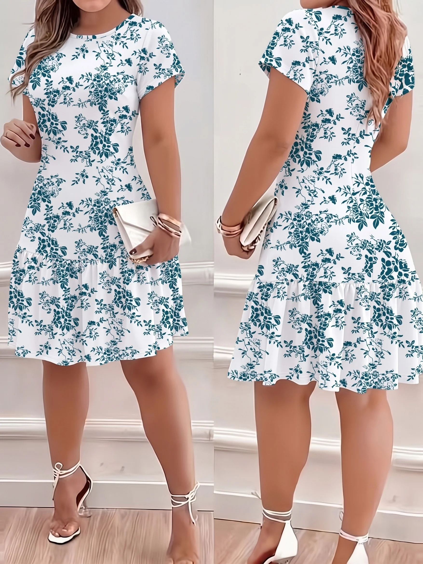 Sommerliches Midikleid mit Rundhalsausschnitt, lässigem Blumenmuster, kurzen Ärmeln und Rüschensaum – Detail 1