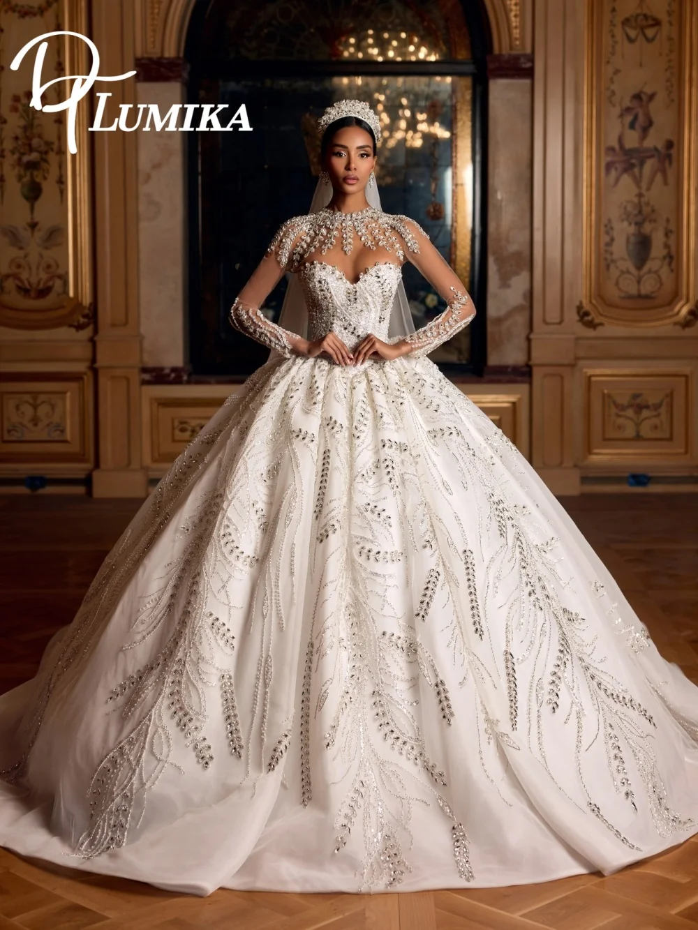 

Luxurious Sweetheart Neck Beaded Bridal Dress 2026 Dazzling Crystal Wedding Dress Sheer Sleeve Bridal Gown Vestidos De Novia