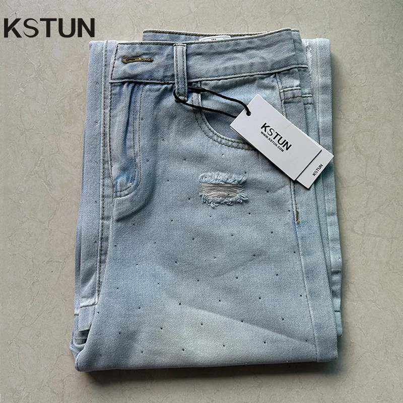 

KSTUN Distressed Jeans Women Ripped Jeans Americian Vintage High Waist Women's Wide Leg Jeans Hip Hop Lace Patchwork Rhinestones