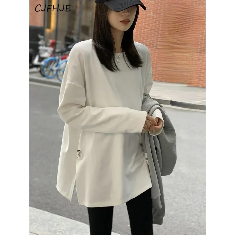 CJFHJE Korean Style Fashion Personality Long-sleeved Bottoming Shirt German Velvet Brushed T-shirt Women's Round Neck Loose Top