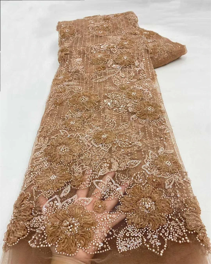 Luxurious African Net Mesh Lace Fabric 3D Embroidery Flowers With Beads Sequins French Tulle Lace For Nigerian Wedding