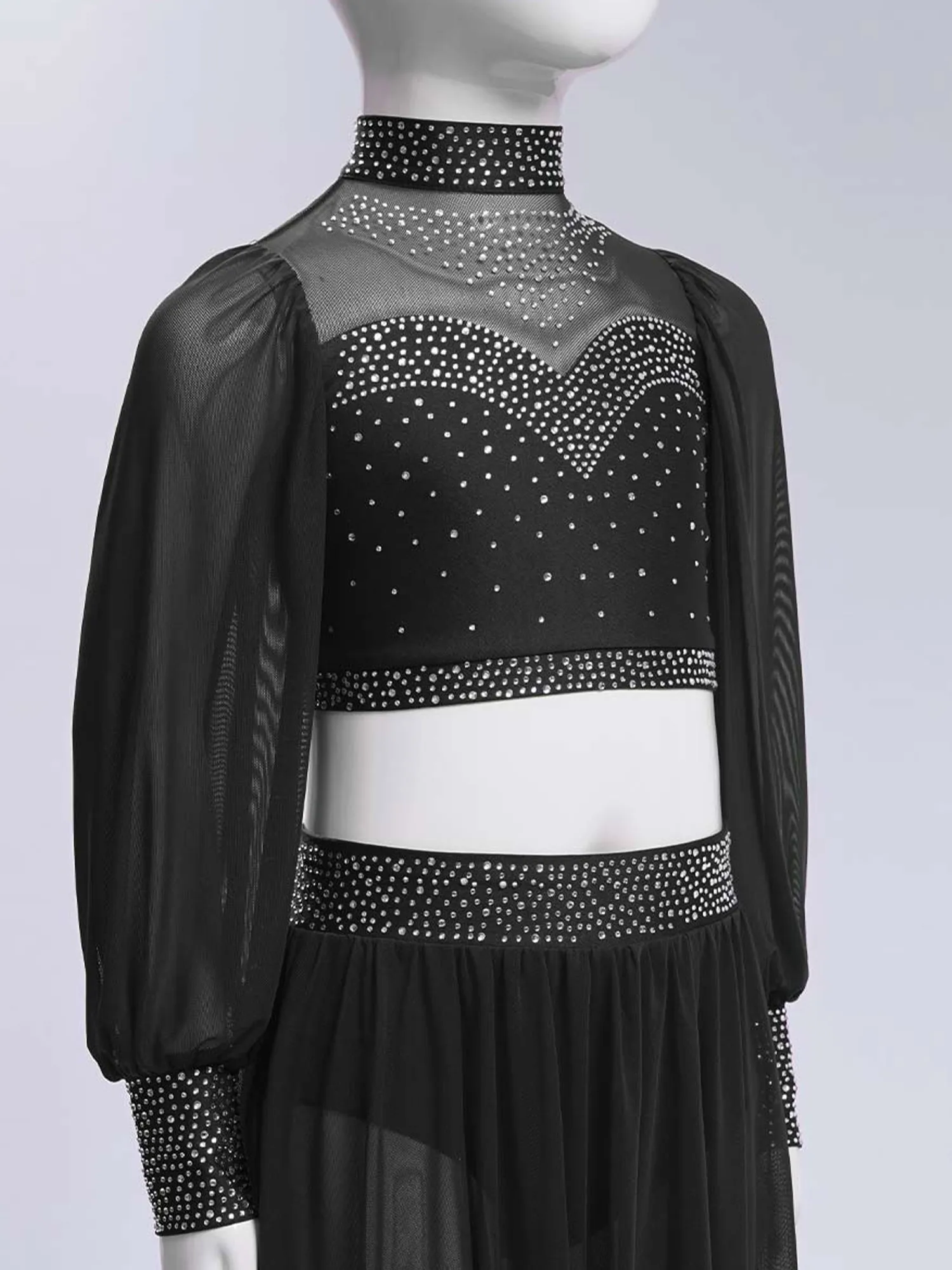 キッズガールズバレエダンス衣装シアーメッシュ叙情的ダンス衣装長袖プルオーバークロップトップとスカートダンスウェアセット