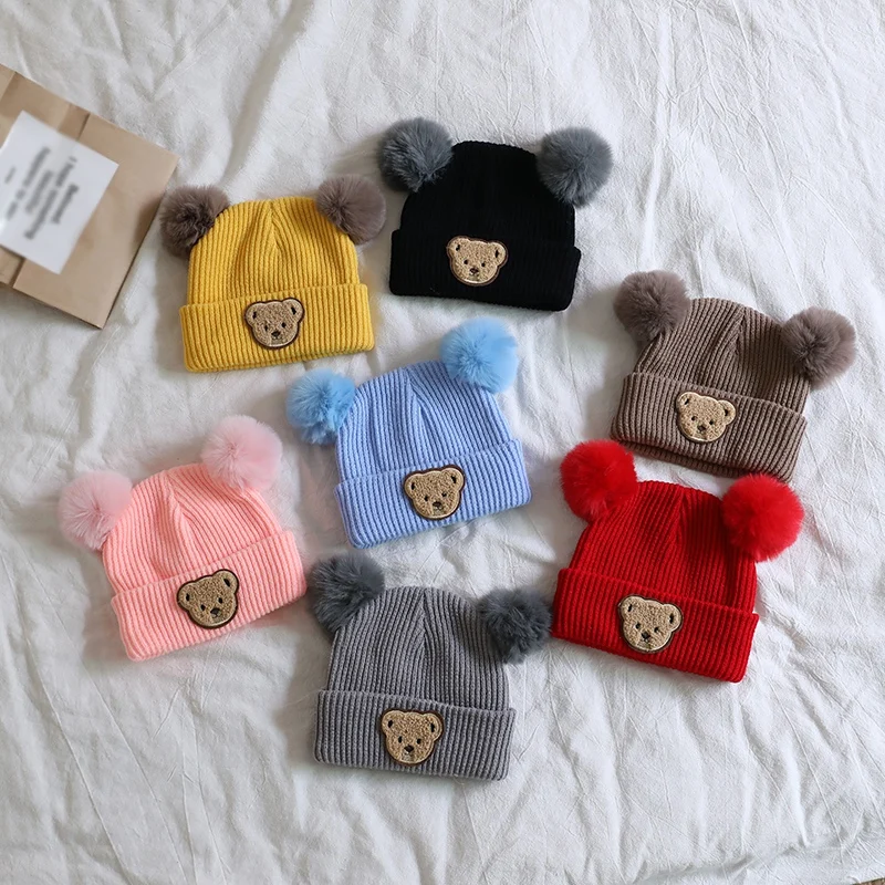 Winter Autum Children Baby Warm Knitted Hat With Pom Cute Bear Pattern Knit Beanie Cap for Infant Newborn Boys Girls Accessories