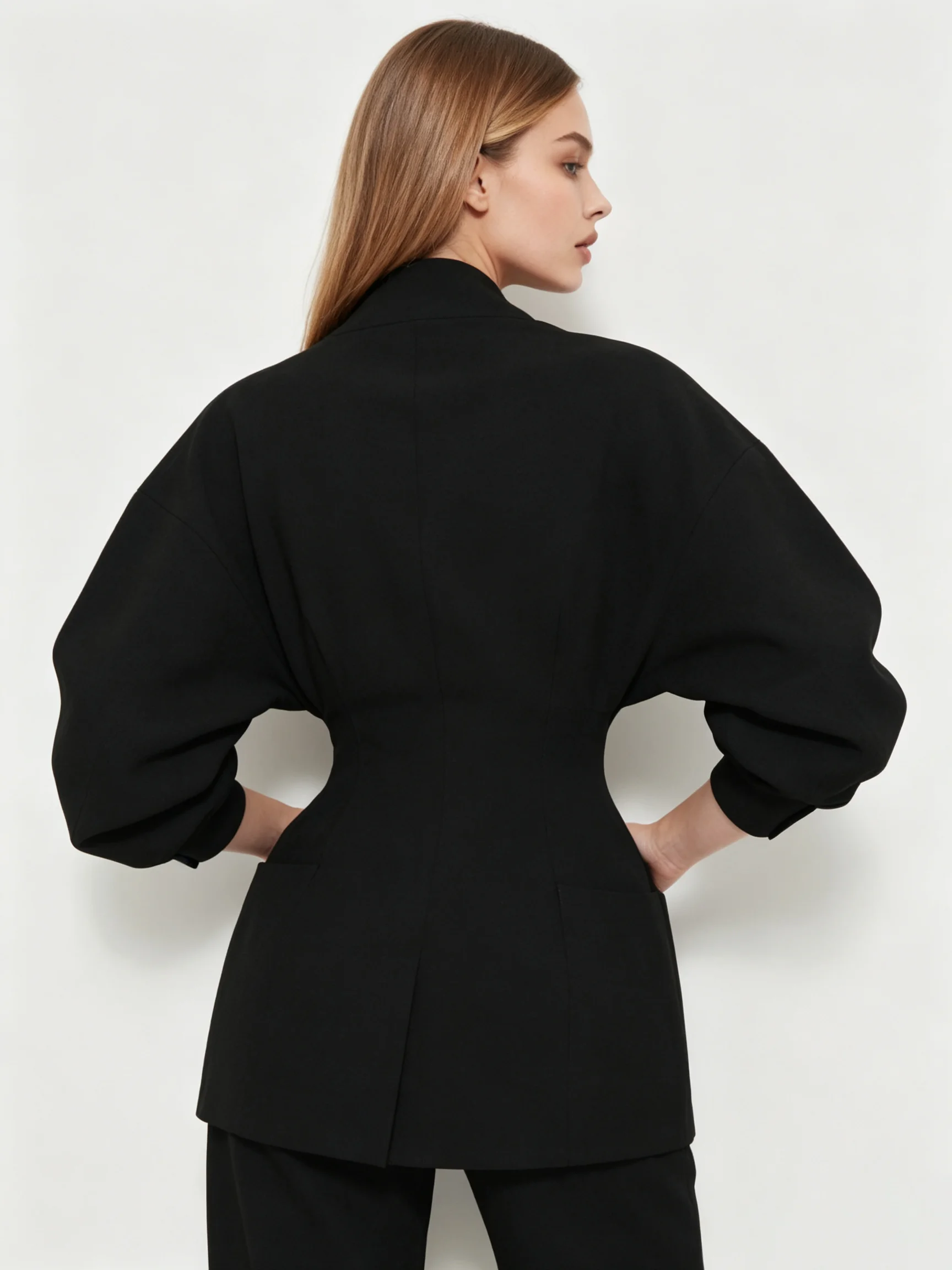 LIMO 2026 New V Neck No Lapel Blazer Oversized Batwing Sleeve Waist Tailored Pocket Women Formal Outerwear Coat
