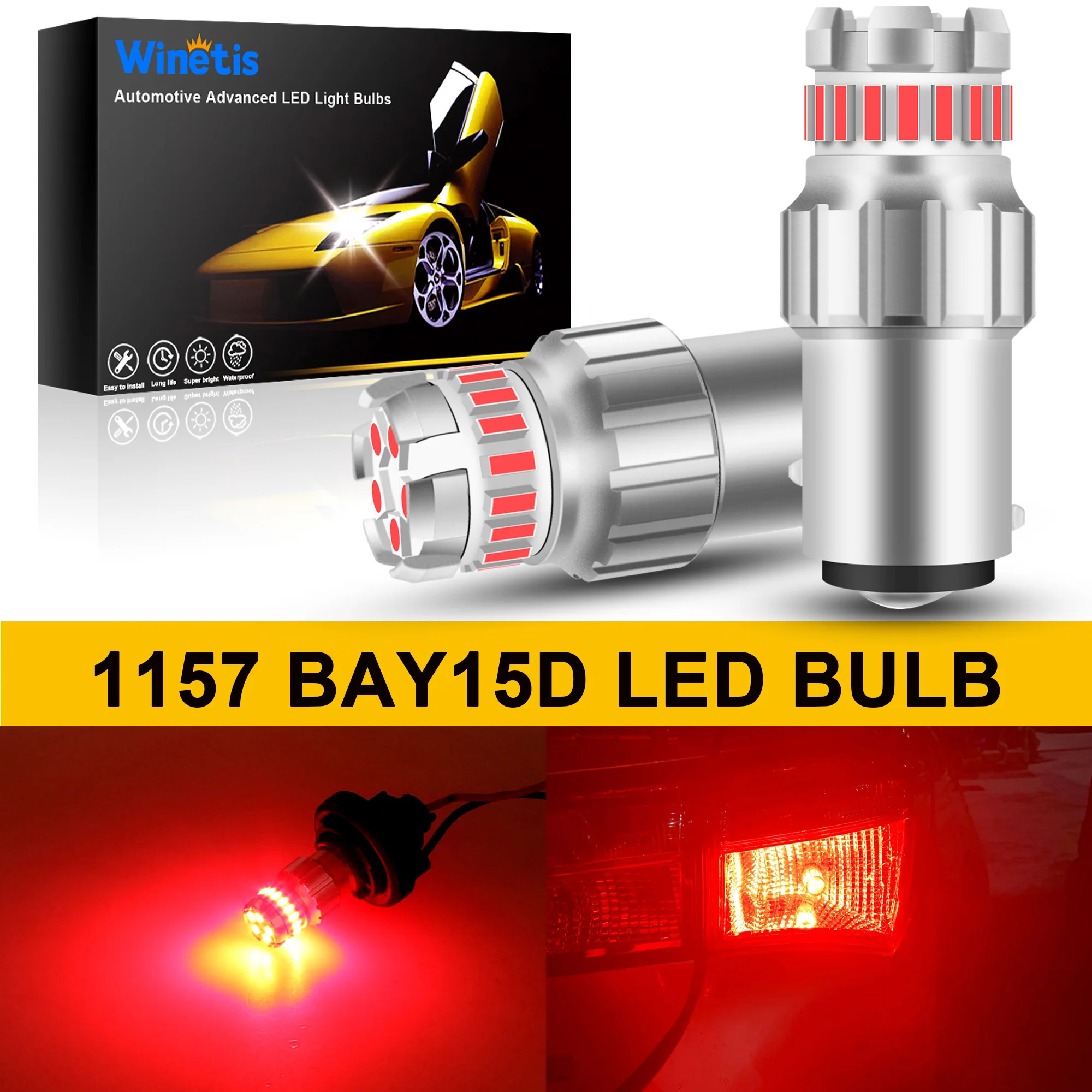 

Winetis 2X Super Bright 1157 2057 BAY15D Red Strobe Flash LED Stop Signal Brake Tail Light Replace Halogen Bulbs