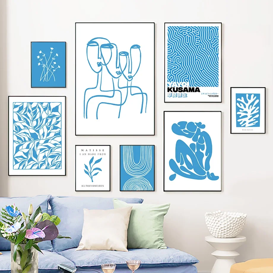 

Blue Matisse Picasso Line Flower Leaves Wall Art Canvas Painting Nordic Posters And Prints Wall Pictures For Living Room Decor