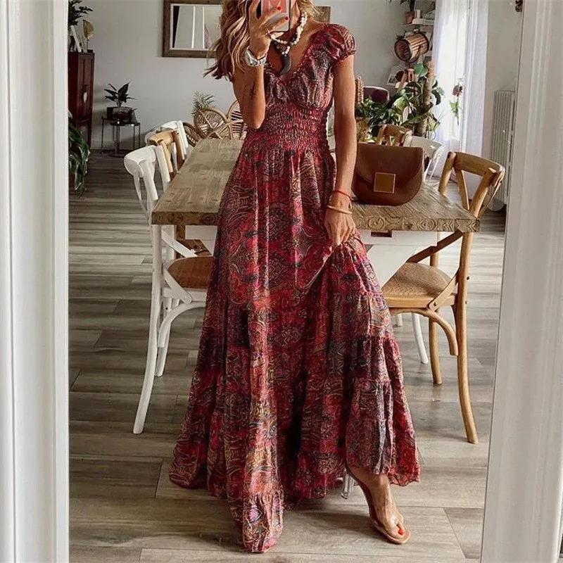 Boho Fashion Print Long Dresses For Women Summer Vintage V-neck Short Sleeve Elastic Waist A-line Big Swing Vacation Dress Robe