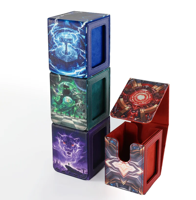 4 Pack Card Deck Box Pattern Print with Display Window, Hold 100+ Double-Sleeved Cards, Card Box Fits for TCG Sports Card