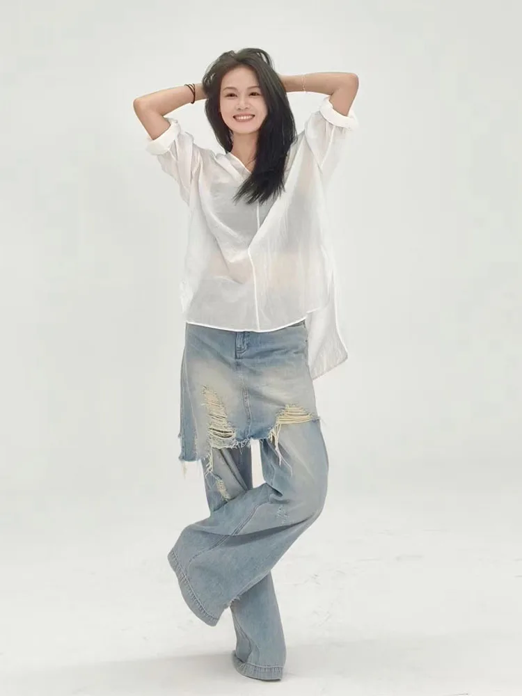 

Джинсы Meiyang 60 Series: рваные, с высокой талией, широкими штанинами, повседневные, синие, свободного кроя, на все сезоны