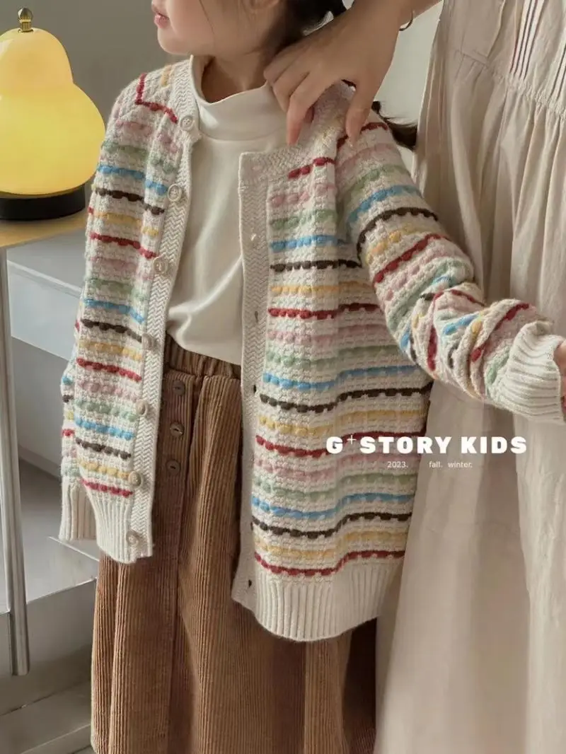 

Girl Sweater Autumn New 2024 Retro Colorful Striped Long Sleeves Tops Sweet Lovely Casual Simple Fashion Korean Active Cute Soft