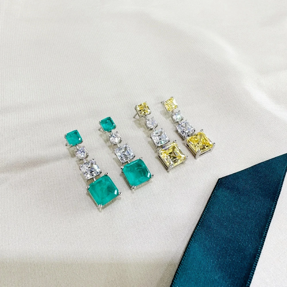 Wong Rain Luxury 925 Sterling Silver Asscher Cut Lab Citrinr Paraiba Tourmaline Sapphire Gemstone Dangle Earrings Fine Jewelry