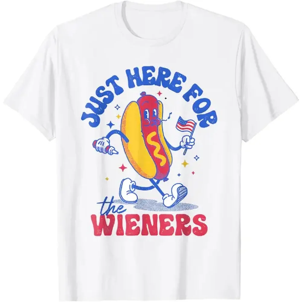 Camiseta de manga corta 100% algodón para hombre con estampado streetwear - Blanca, divertida con la frase 'Hot Dog I'm Just Here For The Wieners', ideal para el 4 de julio, informal, ajustada, cuello redondo, de tela.