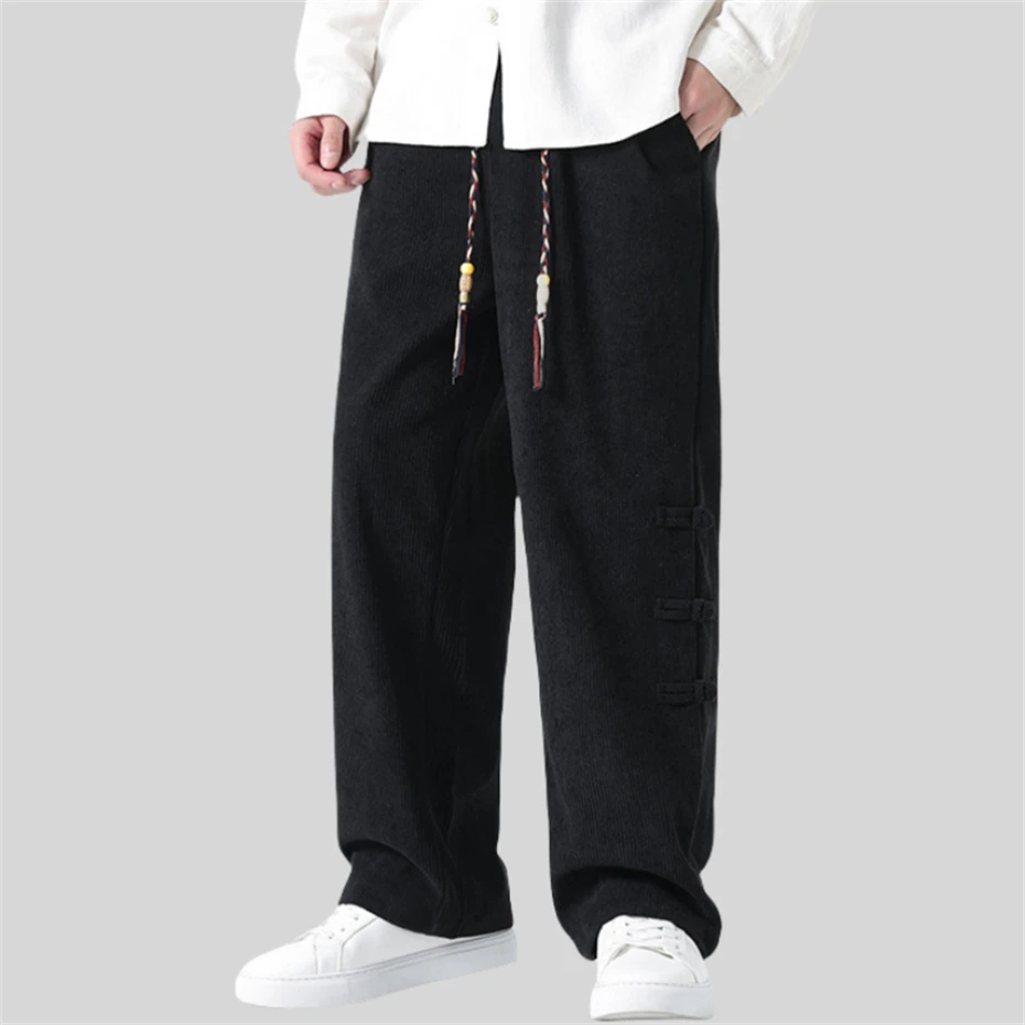 Plus Size Corduroy Pant Men Loose Casual Trousers Mens Chinese Knot Button Design Straight Pants Male Spring Autumn 5XL