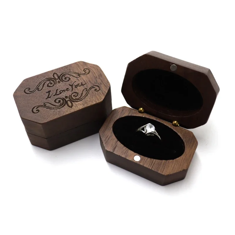 Mini Jewelry Box Engagement Ring Box Walnut Wood Travel Case Earring Holder for Proposal Wedding Ceremony