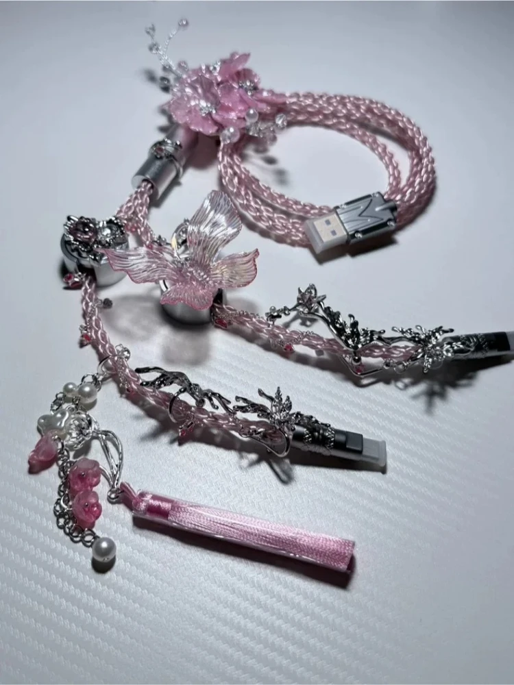 pink Butterfly 2-in-1 8k Aviator Cable/Hmhub Usb-c 1.3m Rgb Magnetic Mechanical Keyboard Cable Decorative Accessorie