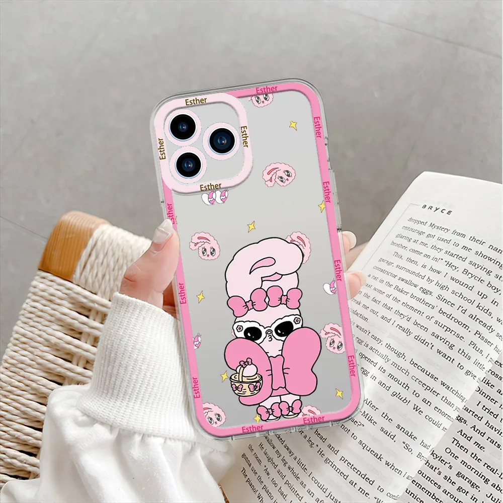 Cute Esther Bunny Phone Case for iPhone 12 11 13 14 15 16 Max Pro Plus Transparent Bezel Shell