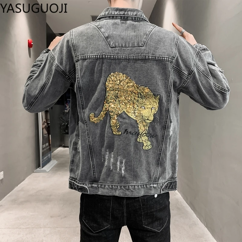 

YASUGUOJI Fashion Men Jacket Retro Blue Sequins Tiger Embroidery Design Ripped Coats Streetwear Hip Hop Hole Denim Jackets Men