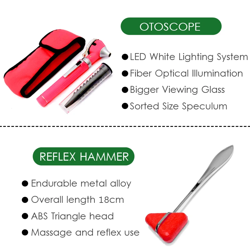 Red Medical Health Monitor Storage Case Accessory Kit and Stethoscope Otoscope Tuning Fork Reflex Hammer LED Penlight Torch Tool